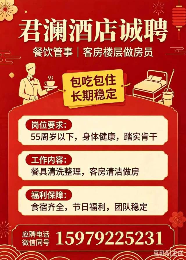 君澜酒店招客房服务员 包吃包住