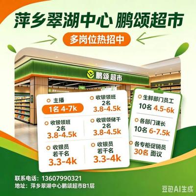 鹏颂超市招主播，收银，生鲜员工，促销员